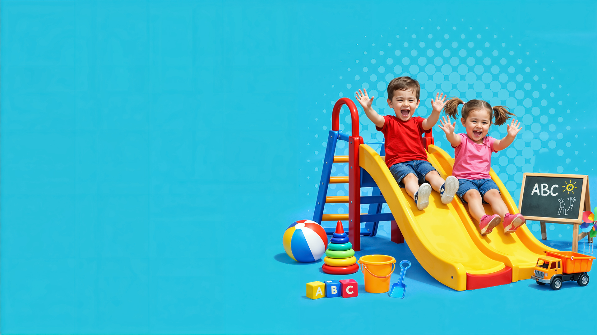 Two happy toddlers playing on a slide at a daycare in Abu Dhabi